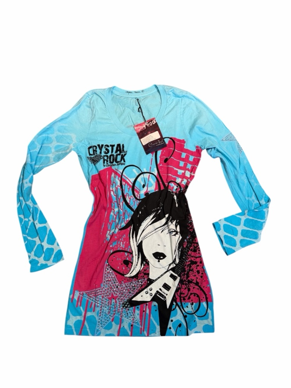 Crystal Rock Christian Audigier Y2K  Rocker Girl Long Sleeve Top Large Rare
